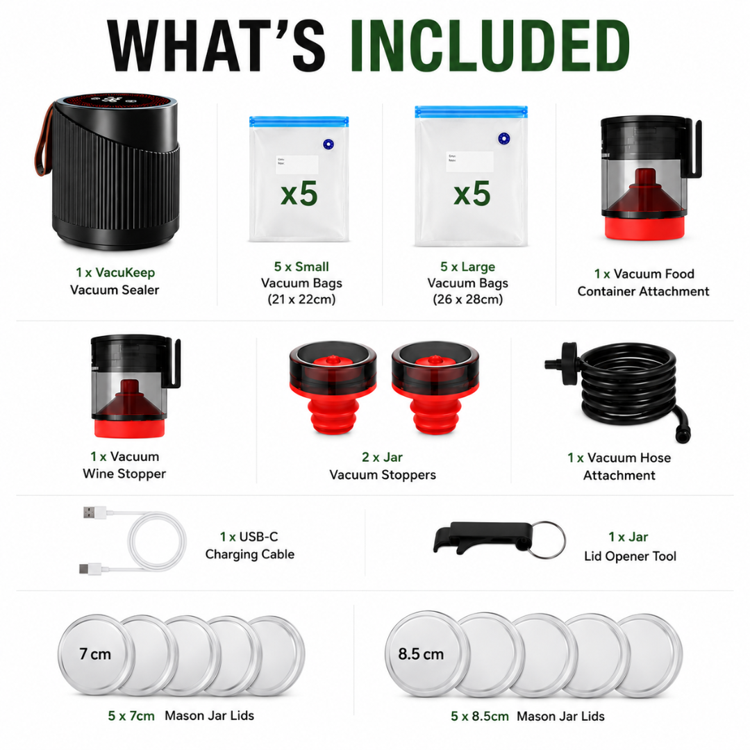 Velna Vacuum Food Preserver — pump and lids laid out