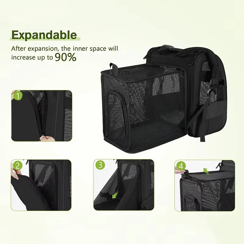 Velna Pet Backpack Carrier expandable side cabin unzipped