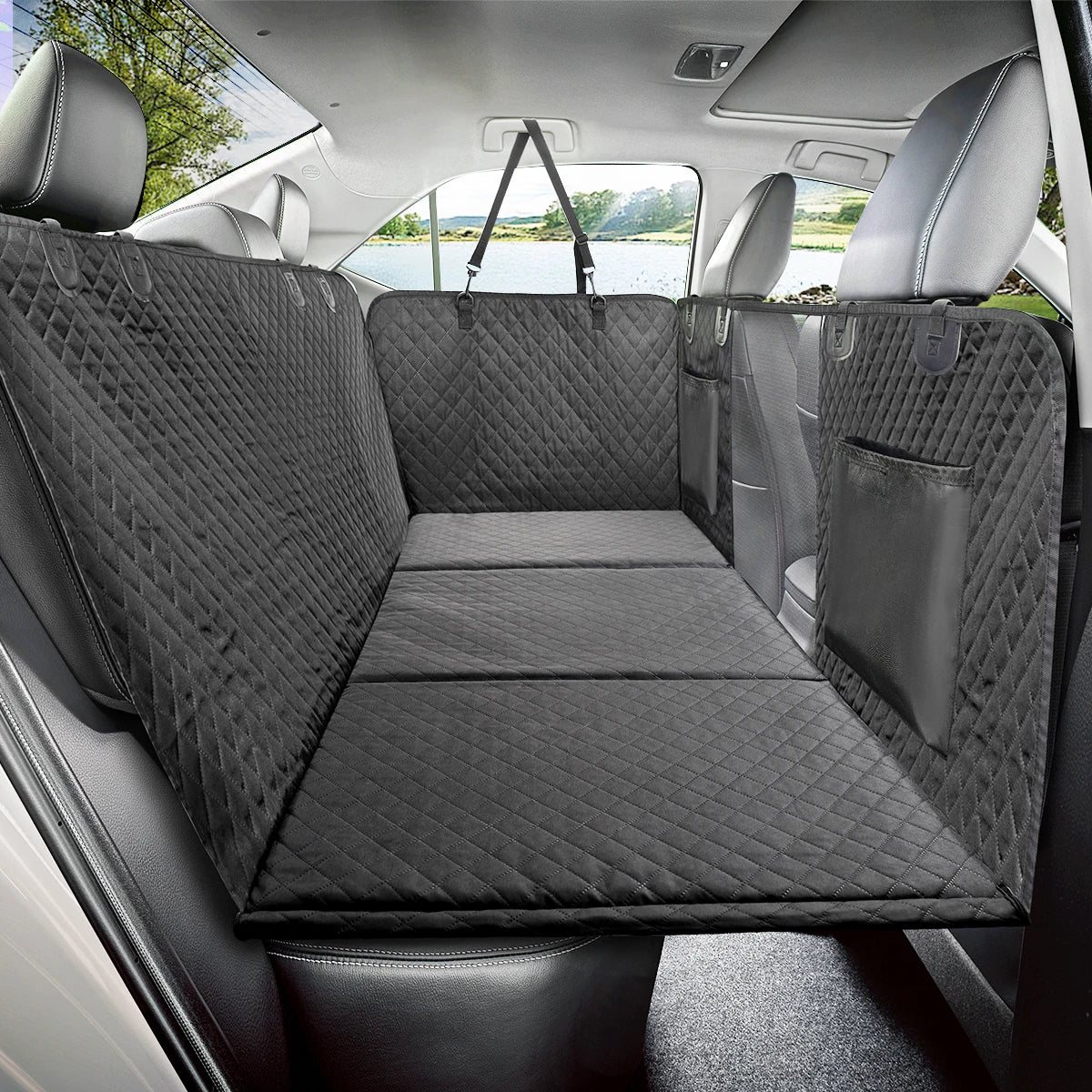 Velna Dog Car Seat Cover installed across the back seat
