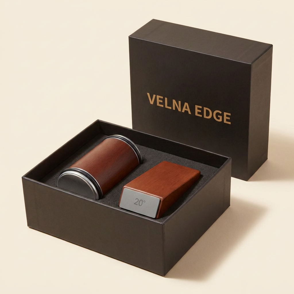 VELNA EDGE gift box packaging with the sharpener kit inside